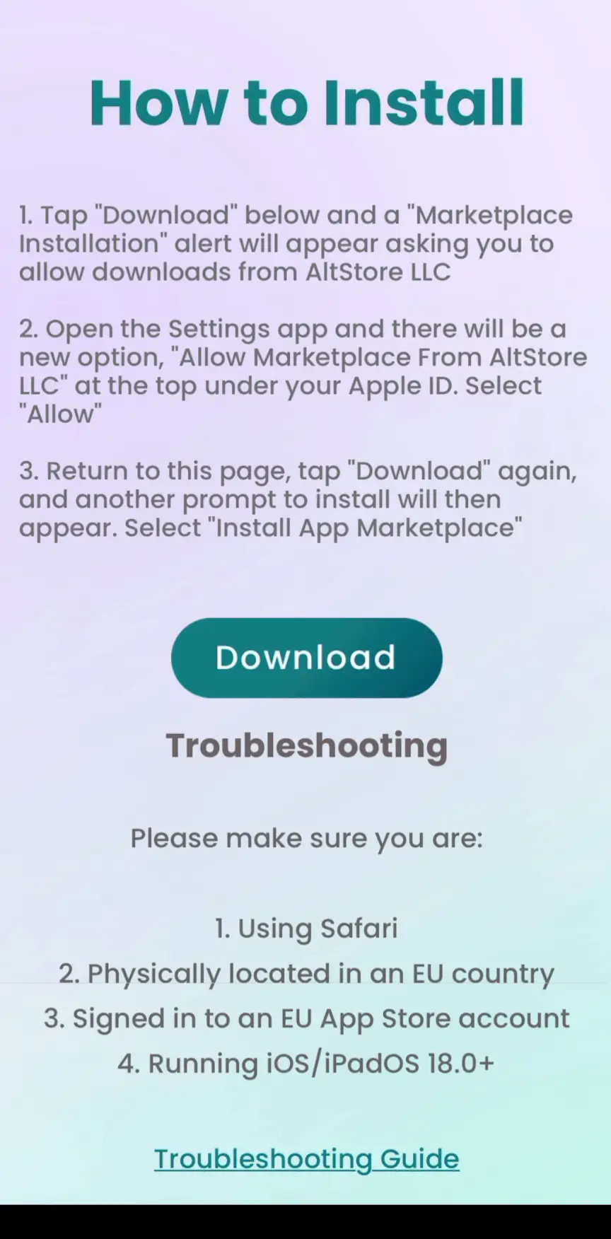 Step 1 — tap Download, allow AltStore